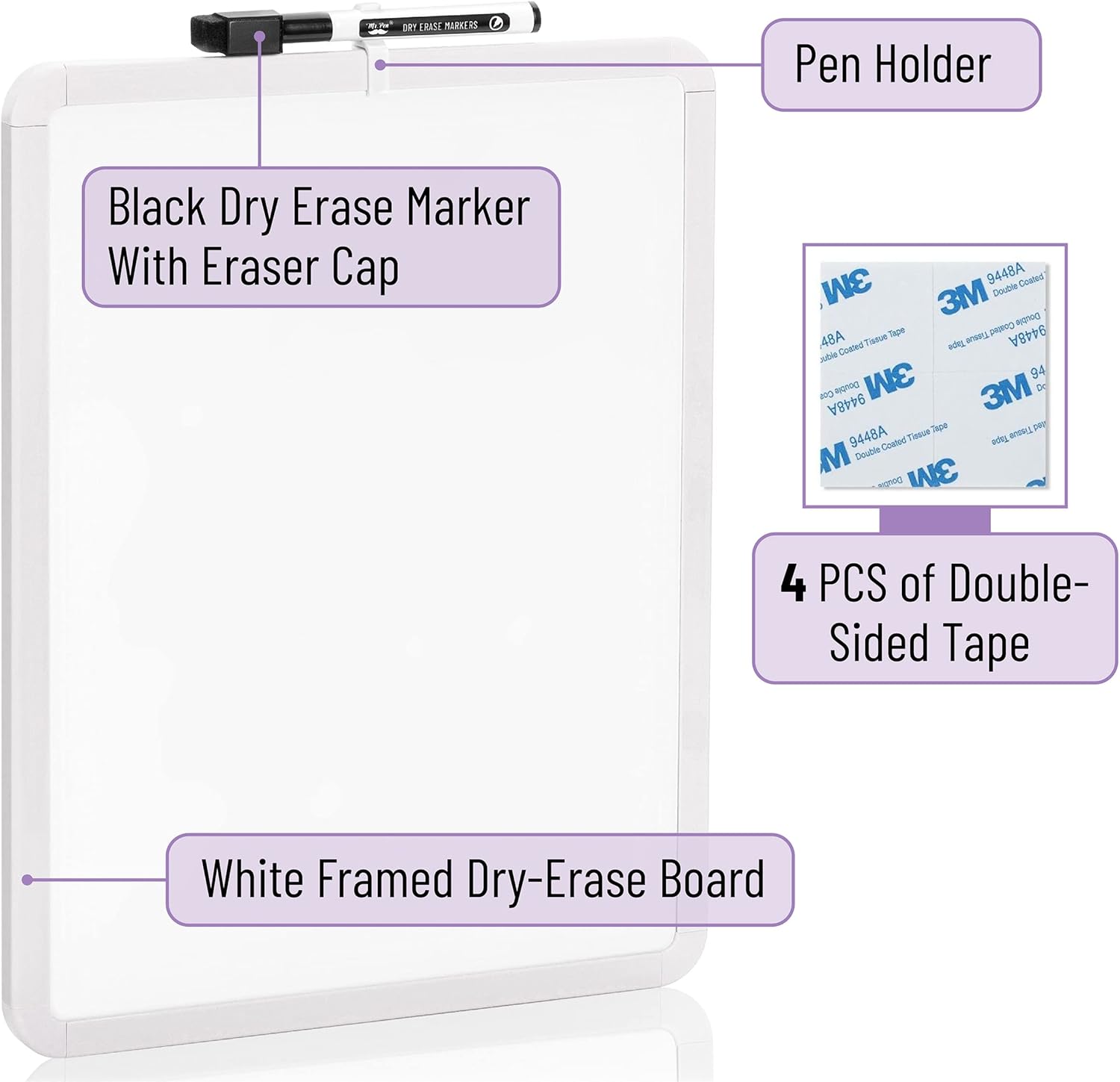 Mr. Pen- Dry Erase Board, 14” x 11”, White Frame | Includes Black Dry Erase Marker, Small Mini White Board for Students, Fridge, Wall, Locker, Double Sided Tapes Included - Image 2