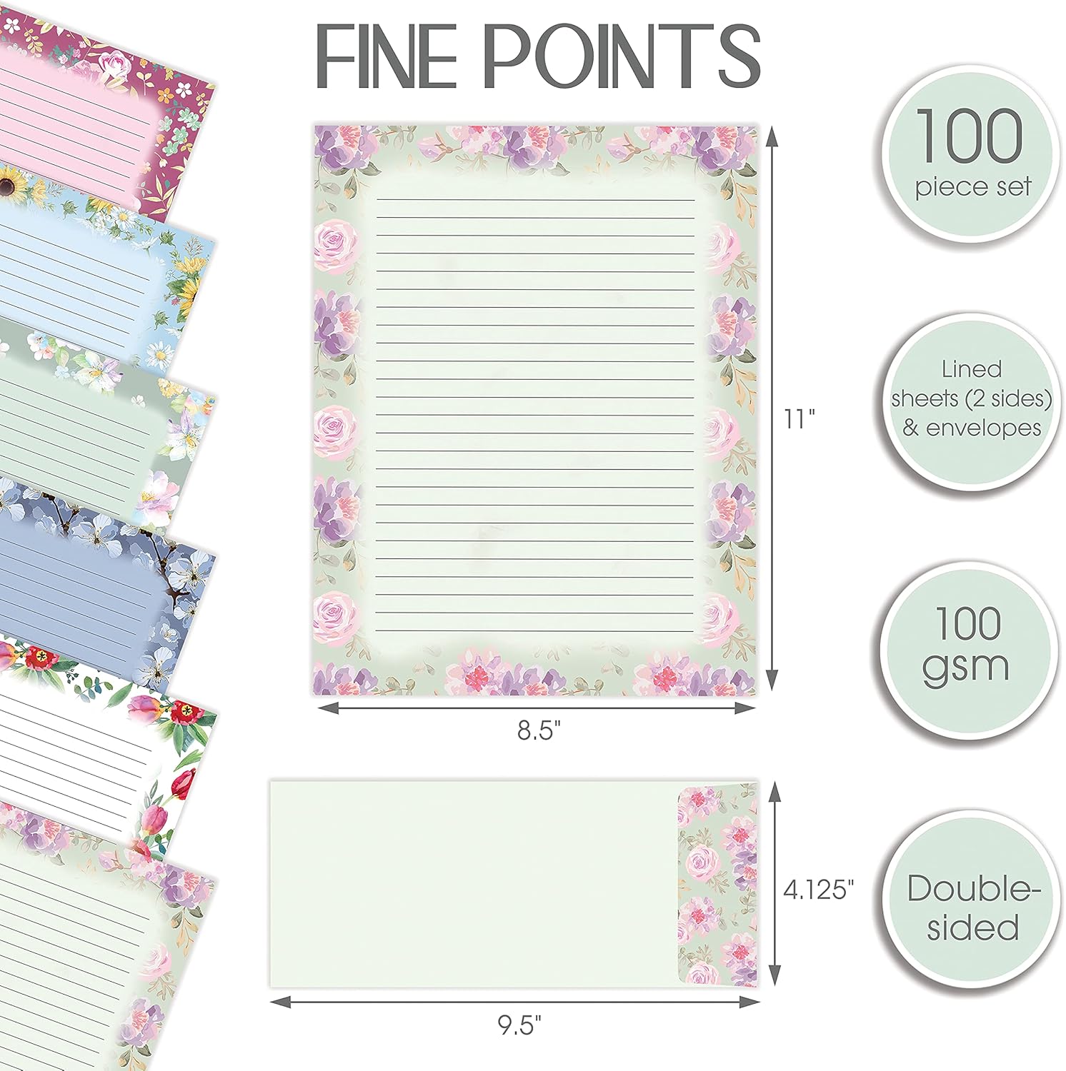 Better Office Products Floral Paper Stationery Set, 100 Piece Set (50 Lined Sheets + 50 Matching Envelopes), Letter Size 8.5 x 11 inch, 6 Designs, Double Sided/Lined Printing Paper, - Image 2
