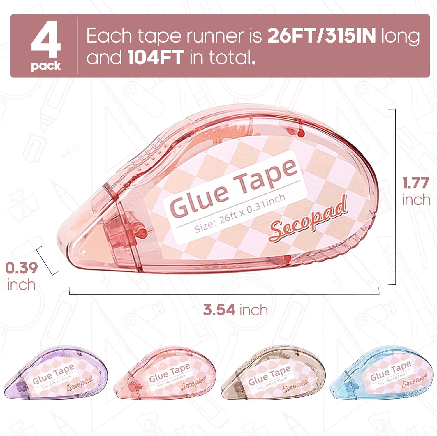 Secopad Scrapbook Tape, 4 Pack Double Sided Tape Roller for Crafts, Adhesive Glue Runner Scrapbooking Supplies Journaling School Office Teacher Supplies, 0.3IN x 26FT, Clear Light-Colored Shell - Image 5