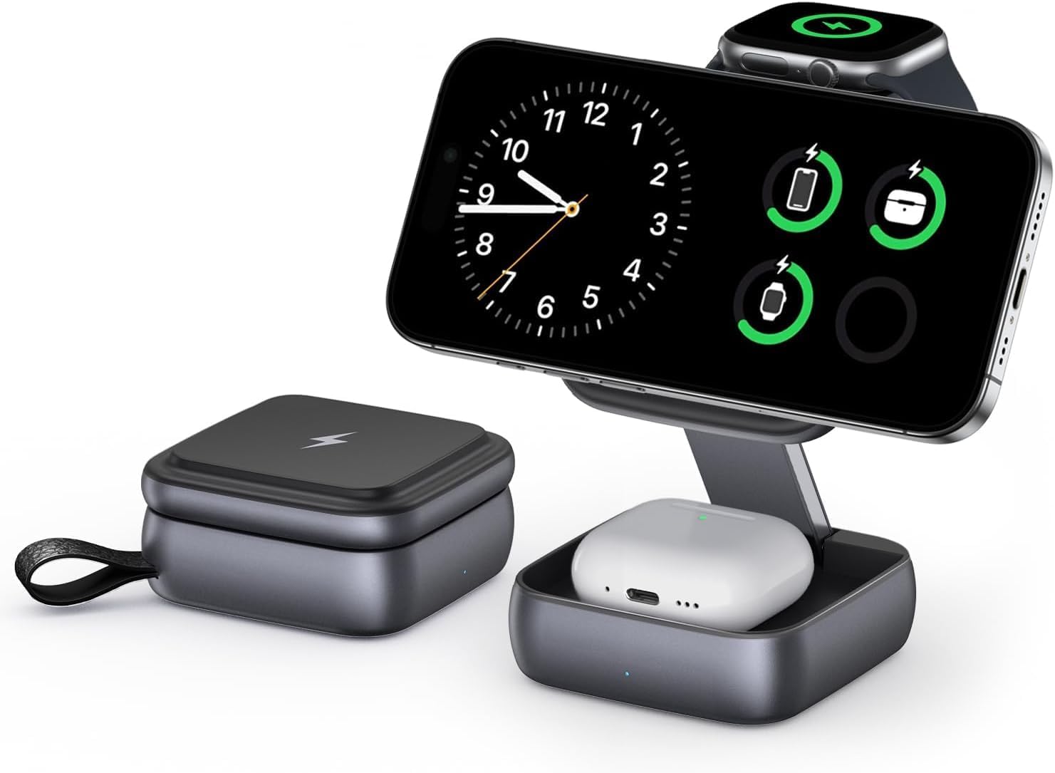 3-in-1 Foldable Wireless Charging Station - Magnetic Fast Charger Dock for 17/16/15/14/13, Ultra/10/9, AirPods Pro - Multi-Device Travel Stand