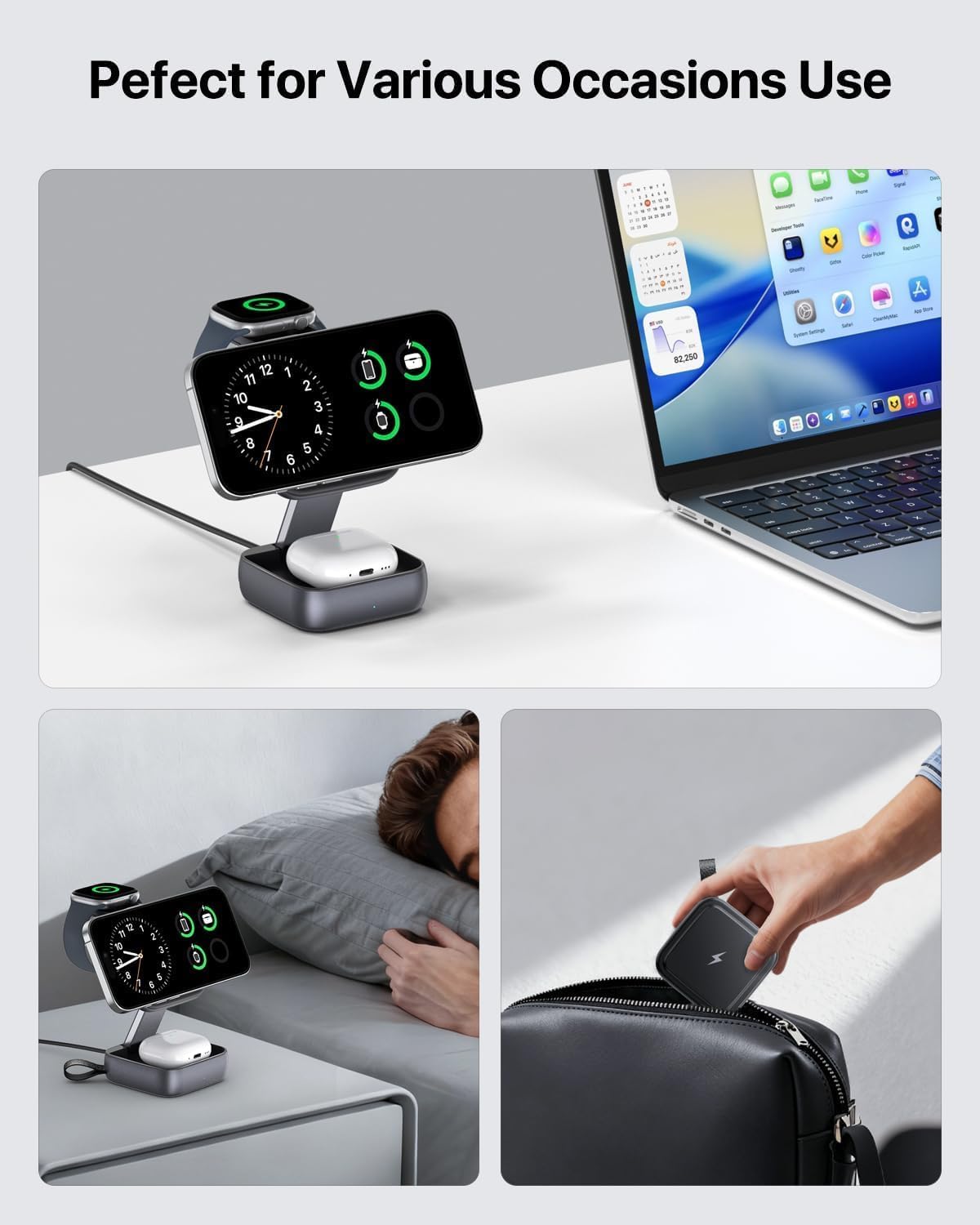 3-in-1 Foldable Wireless Charging Station - Magnetic Fast Charger Dock for 17/16/15/14/13, Ultra/10/9, AirPods Pro - Multi-Device Travel Stand - Image 3