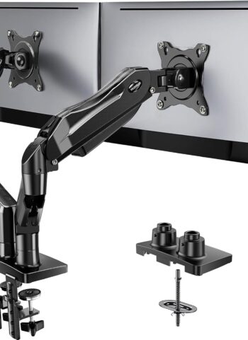 HUANUO FlowLift™ Dual Monitor Stand, Fully Adjustable Gaming Monitor Desk Mount for 13–32″ Computer Screens, Full Motion VESA 75x75/100x100 with C-Clamp & Grommet Base, Each Arm Holds 4.4 to 19.8 lbs