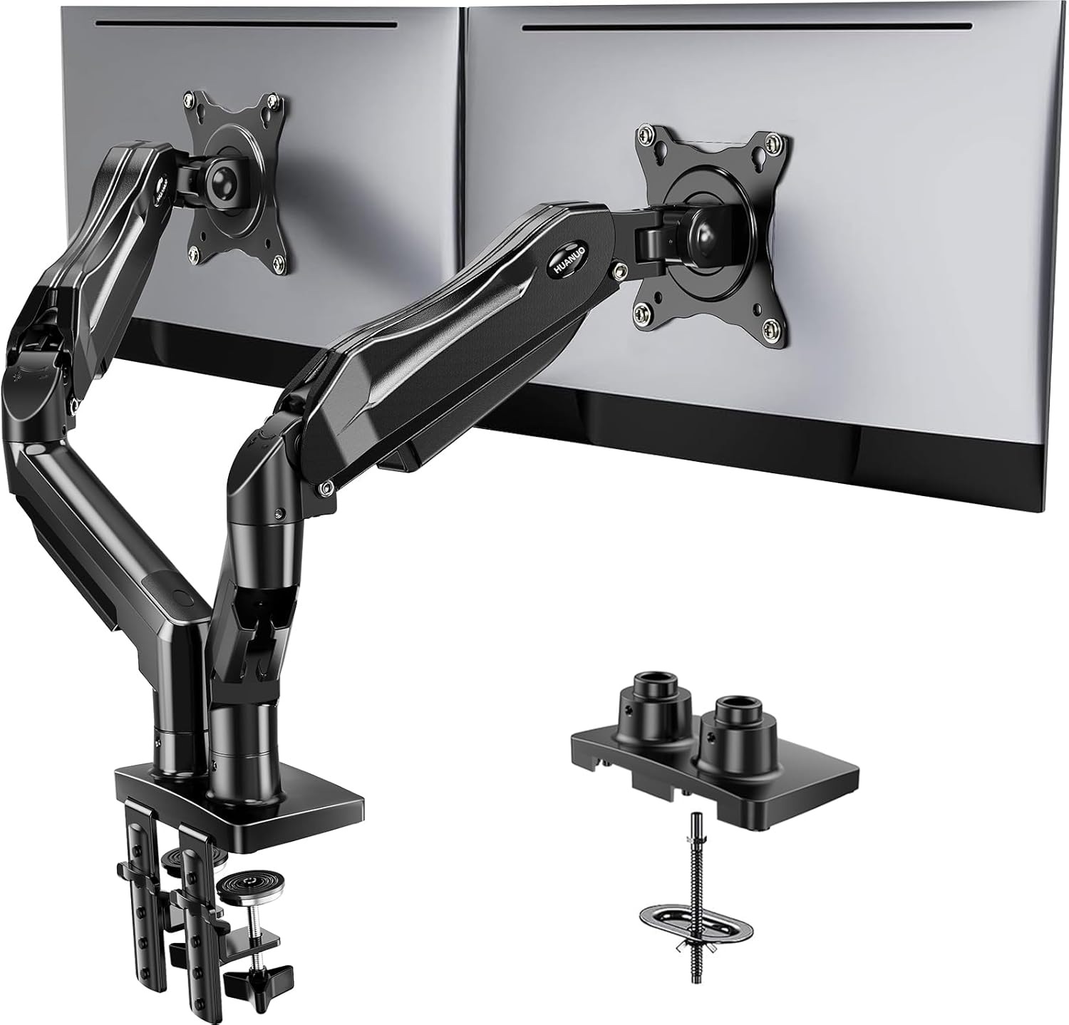 HUANUO FlowLift™ Dual Monitor Stand, Fully Adjustable Gaming Monitor Desk Mount for 13–32″ Computer Screens, Full Motion VESA 75x75/100x100 with C-Clamp & Grommet Base, Each Arm Holds 4.4 to 19.8 lbs