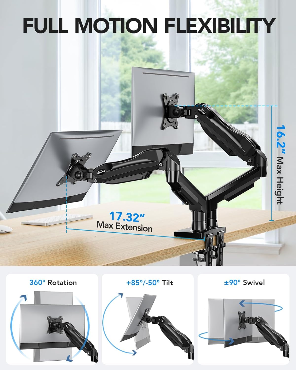 HUANUO FlowLift™ Dual Monitor Stand, Fully Adjustable Gaming Monitor Desk Mount for 13–32″ Computer Screens, Full Motion VESA 75x75/100x100 with C-Clamp & Grommet Base, Each Arm Holds 4.4 to 19.8 lbs - Image 3