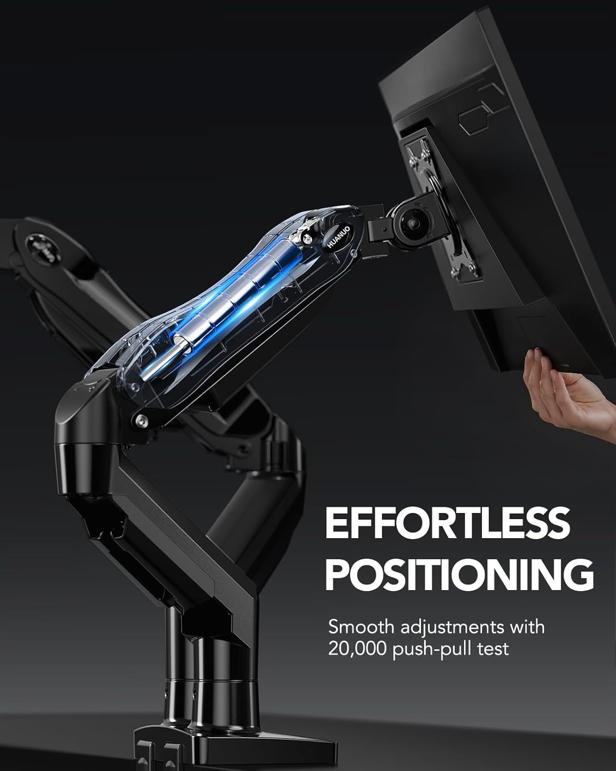 HUANUO FlowLift™ Dual Monitor Stand, Fully Adjustable Gaming Monitor Desk Mount for 13–32″ Computer Screens, Full Motion VESA 75x75/100x100 with C-Clamp & Grommet Base, Each Arm Holds 4.4 to 19.8 lbs - Image 5