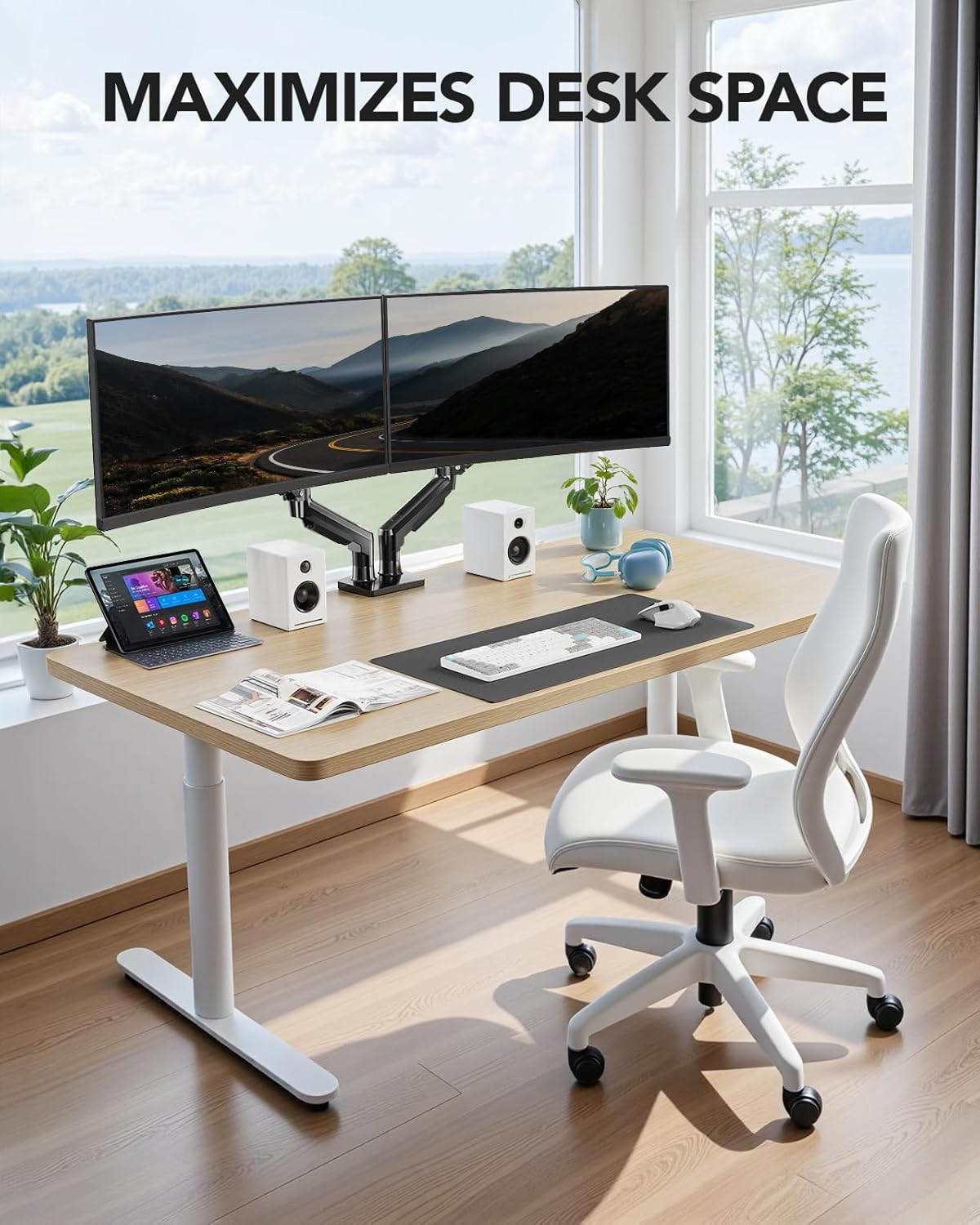 HUANUO FlowLift™ Dual Monitor Stand, Fully Adjustable Gaming Monitor Desk Mount for 13–32″ Computer Screens, Full Motion VESA 75x75/100x100 with C-Clamp & Grommet Base, Each Arm Holds 4.4 to 19.8 lbs - Image 8