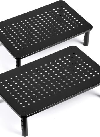LOTEYIKE TV/Monitor Riser Desktop Stand, Flat Screen, Sturdy Metal Laptop Computer Shelf for Printer, iMac, 3 Height Adjustable PC with Mesh Platform , 2 Pack