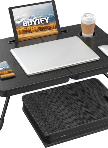 BUYIFY Foldable Laptop Bed Desk for Couch, Sofa - Large Lap Desk Tray Table with Cup Holder and Tablet Slot - Portable Notebook Stand for Eating, Writing, Studying and WFH -NEW-006-USA Original Patent