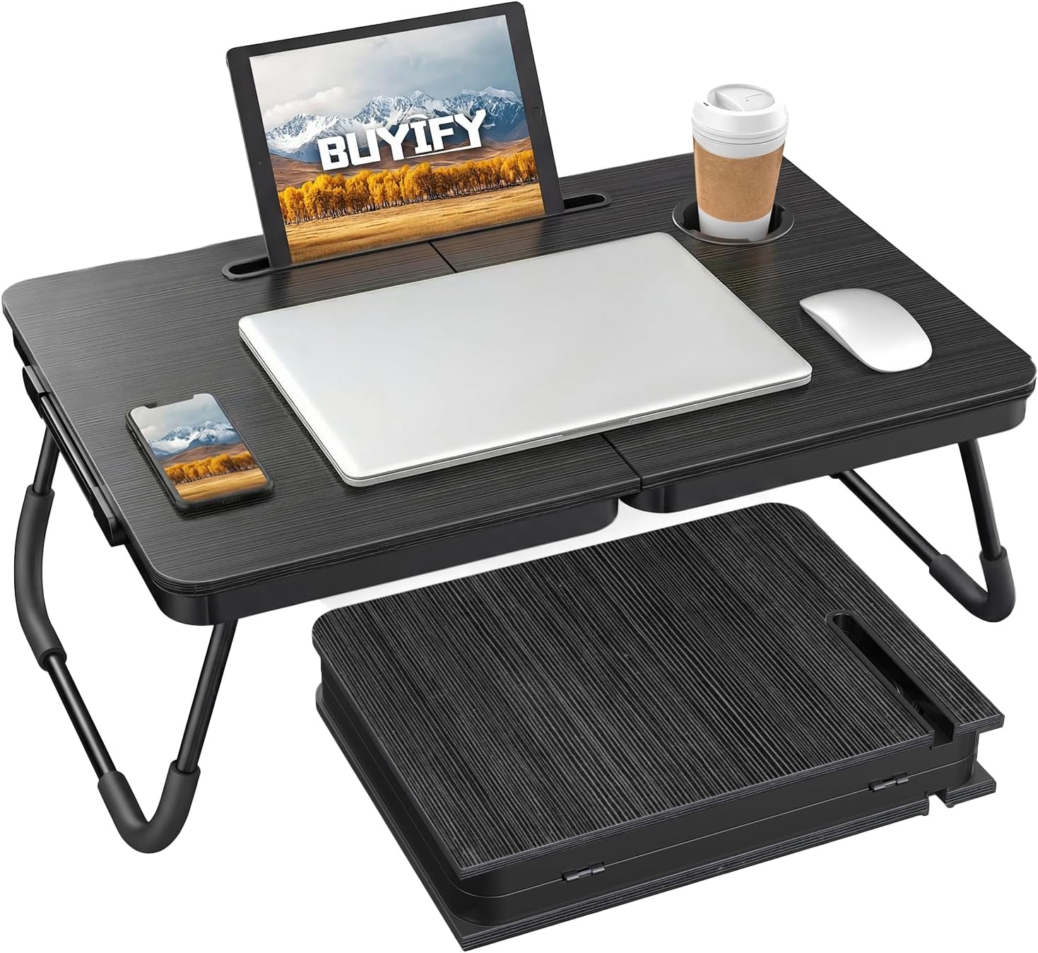 BUYIFY Foldable Laptop Bed Desk for Couch, Sofa - Large Lap Desk Tray Table with Cup Holder and Tablet Slot - Portable Notebook Stand for Eating, Writing, Studying and WFH -NEW-006-USA Original Patent