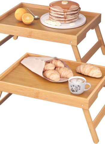 Fibogollo 2 Pack Bamboo Bed Tray Table with Folding Legs,Breakfast Trays,Serving Tray for Food and Snack,Laptop Trays for Working(Natural)