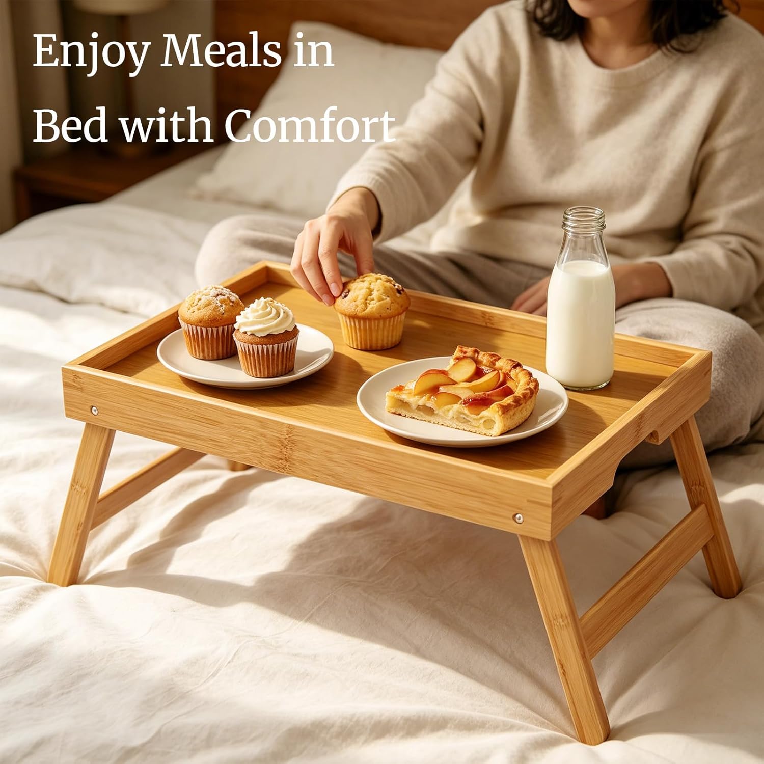 Fibogollo 2 Pack Bamboo Bed Tray Table with Folding Legs,Breakfast Trays,Serving Tray for Food and Snack,Laptop Trays for Working(Natural) - Image 2