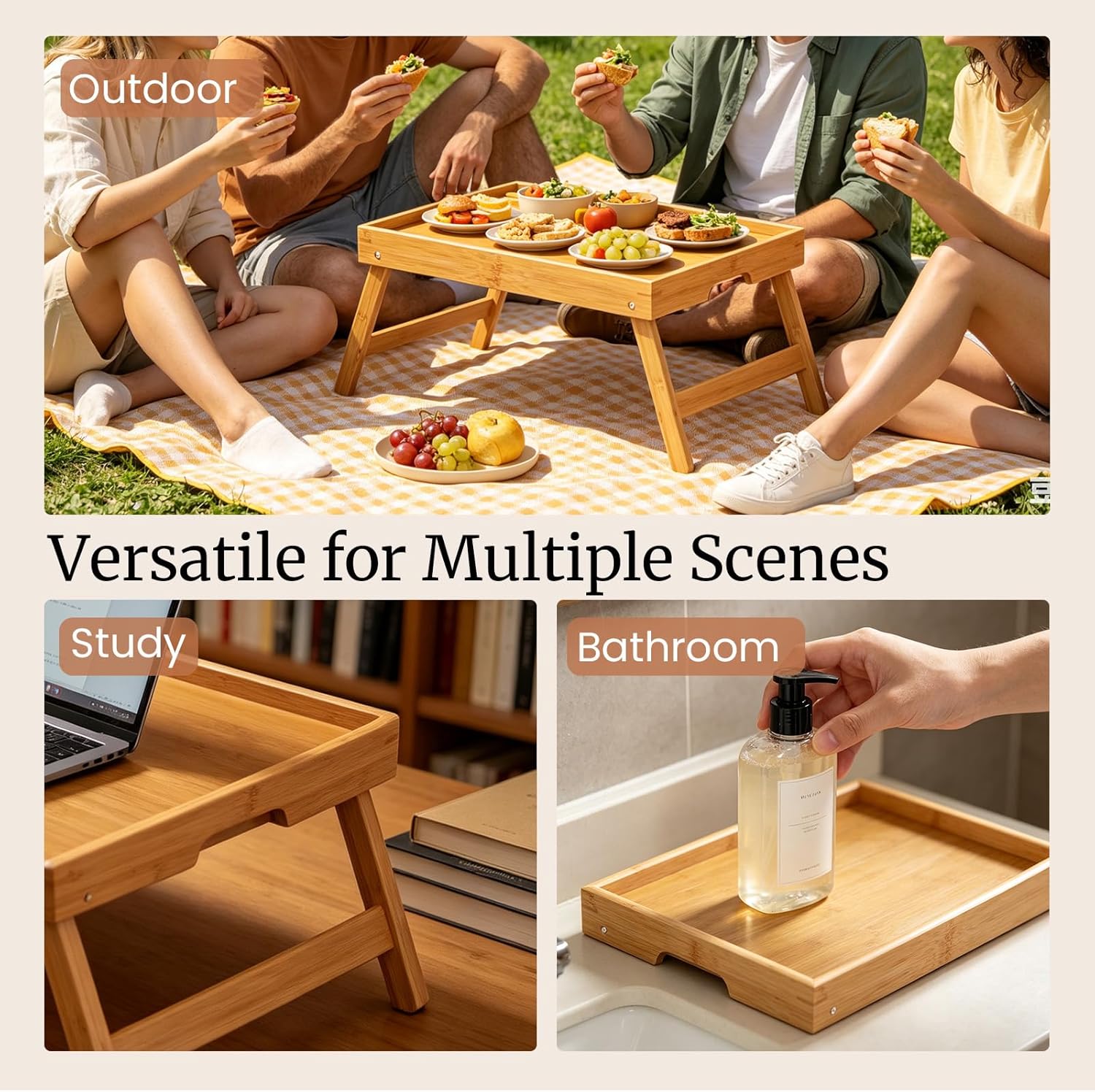 Fibogollo 2 Pack Bamboo Bed Tray Table with Folding Legs,Breakfast Trays,Serving Tray for Food and Snack,Laptop Trays for Working(Natural) - Image 5
