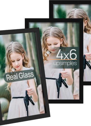 upsimples 4x6 Picture Frame Set of 3, Made of High Definition Glass for 4 x 6, Wall and Tabletop Display Thin Border Photo Frames for Home Decor, Black
